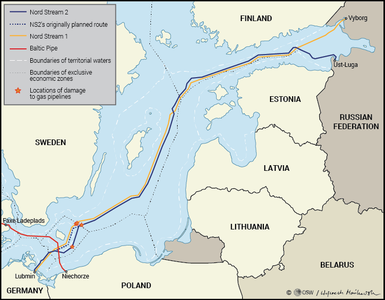 Sabotage Of The Nord Stream 1 And Nord Stream 2 Pipelines OSW Centre   Map. Locations Of Damage To Nord Stream 1 And Nord Stream 2 Pipelines 750 