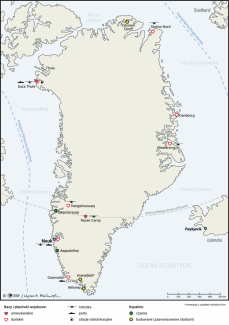 Mapa. Grenlandia – infrastruktura wojskowa, górnictwo i arktyczne szlaki morskie
