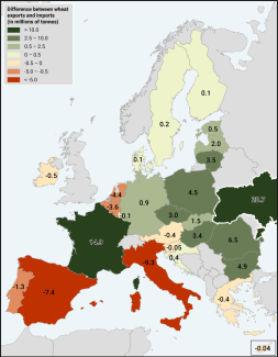 Map 1. Difference between wheat exports and imports in EU member states and Ukraine in 2024