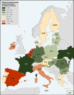 Map 3. Difference between barley exports and imports in EU member states and Ukraine in 2024