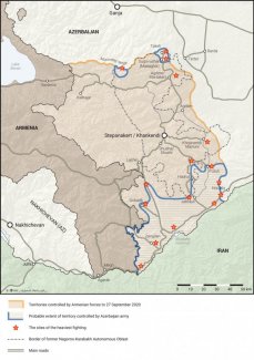 Map. Armenia and Azerbaijan. The area of Nagorno Karabakh conflict
