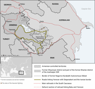 Map: Armenia and Azerbaijan. The area affected by the conflict over Nagorno-Karabakh (28 September 2020)