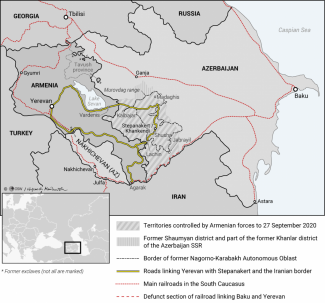 Map. Armenia and Azerbaijan. The area of Nagorno Karabakh conflict 5.10