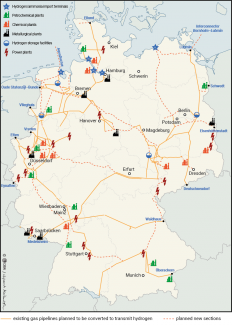 Draft hydrogen core network in Germany, including examples of potential locations of industrial recipients of hydrogen, import terminals and storage facilities