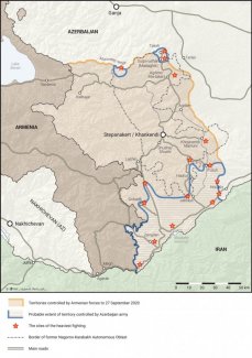 Map. Armenia and Azerbaijan. The area of the Nagorno-Karabakh conflict (as of 26 October 2020)
