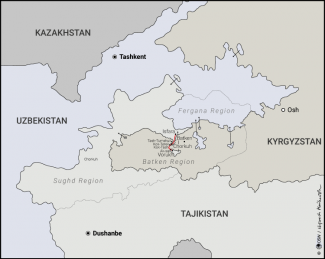 Map. The Fergana Valley divided by the territorial-administrative units of Kyrgyzstan, Tajikistan, and Uzbekistan.