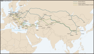Mapa 1. Lądowe korytarze transportowe między Europą a Chinami