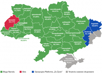 Mapa 1. Zwycięzcy w poszczególnych obwodach Ukrainy z listy ogólnokrajowej