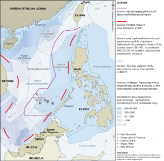 Mapa. Chińskie i filipińskie roszczenia we wschodnich regionach Morza Południowochińskiego