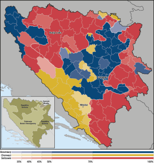 Mapa. Dominujące grupy etniczne w poszczególnych gminach Bośni i Hercegowiny
