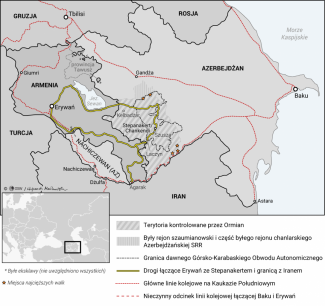 Mapa: Armenia i Azerbejdżan. Obszar konfliktu o Górski Karabach (28 września 2020 r.)