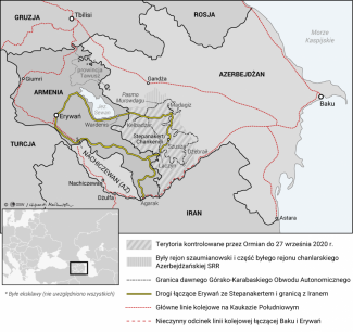 Mapa. Armenia i Azerbejdżan. Obszar konfliktu o Górski Karabach (5 października 2020 r.)