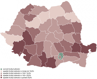 Mapa. Dynamika zmiany liczby ludności według okręgów w latach 1992–2021