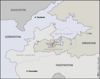 Mapa. Kotlina Fergańska w podziale na jednostki terytorialno-administracyjne Kirgistanu, Tadżykistanu i Uzbekistanu