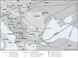 Mapa. Najważniejsze istniejące, realizowane i planowane gazociągi w Europie Środkowej i Południowo-Wschodniej