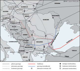 Najważniejsze istniejące, realizowane i planowane gazociągi i łączniki międzystemowe w Europie Środkowej i Południowo-Wschodniej 