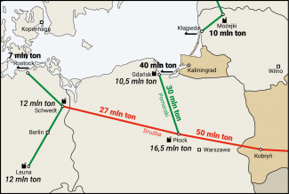 Mapa. Infrastruktura do importu ropy naftowej (we wschodnich Niemczech i w Polsce)