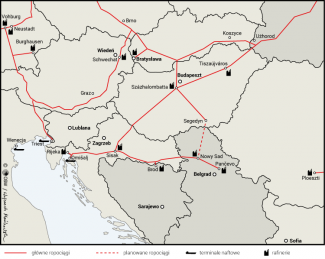 Mapa. Ropociągi w wybranych państwach regionu Europy Środkowej i na Bałkanach