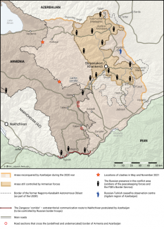 Map. The Nagorno-Karabakh conflict area as of November 2021