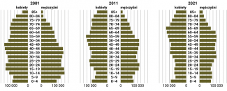 Wykres 4. Piramidy wieku litewskiej populacji na przestrzeni 20 lat