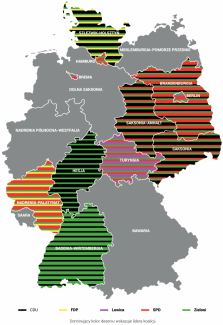 Mapa. Udział Zielonych w koalicjach krajów związkowych (8.03.2021)