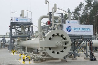 The logo of the company Nord Stream is fixed to the landing station of the Baltic Sea pipeline Nord Stream 