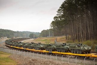 Stryker vehicles (tanks) during rail transport