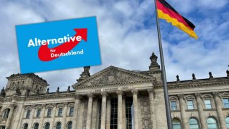 The photo shows the AfD logo on the background of the Bundestag 